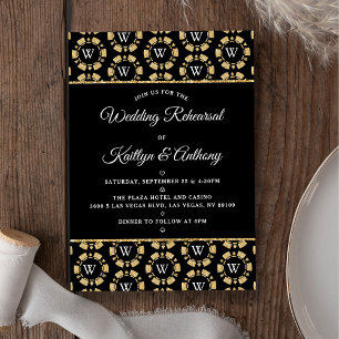 Gold Glitter Monogram Poker Chip Casino Wedding Kaart