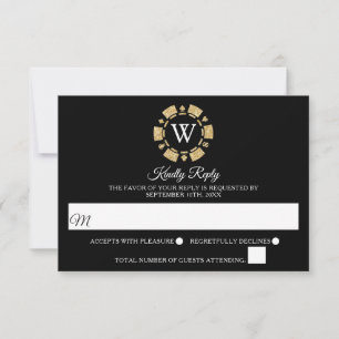 Gold Glitter Monogram Poker Chip Casino Wedding RSVP Kaartje
