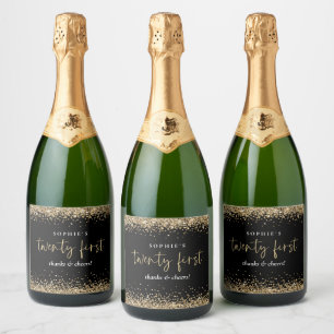 Gold Glitter Name Cheers 21st Black Sparkling Wijnetiket
