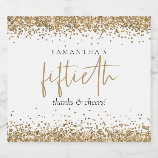 Gold Glitter Name Cheers Fiftieth Birthday Sparkling Wijnetiket (Enkel label)