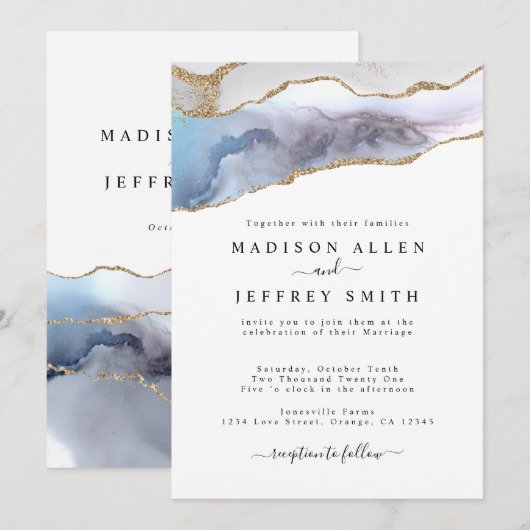 Gold Glitter & Navy Agate Stone Wedding Invitation Aankondiging (Voorkant / Achterkant)