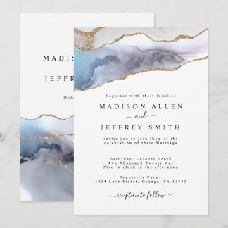 Gold Glitter & Navy Agate Stone Wedding Invitation Aankondiging