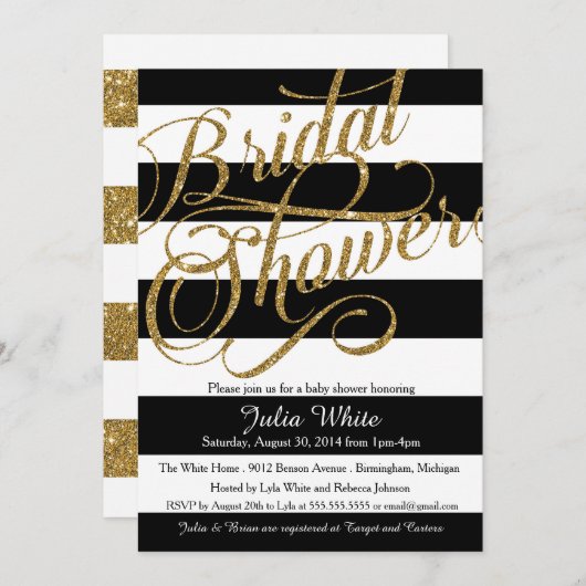 Gold Glitter Navy Black Stripe Shower Uitnodiging (Voorkant / Achterkant)