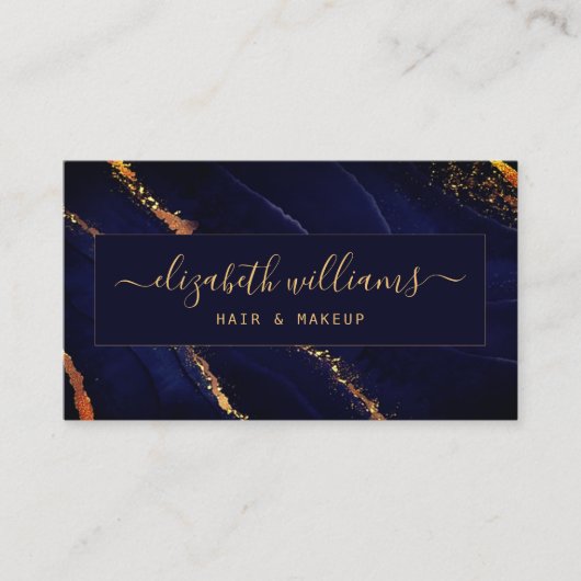 Gold Glitter Navy Blue Agate & Signature Script Visitekaartje