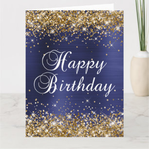 Gold Glitter Navy Blue Big Happy Birthday Kaart