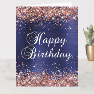 Gold Glitter Navy Blue Big Happy Birthday Kaart