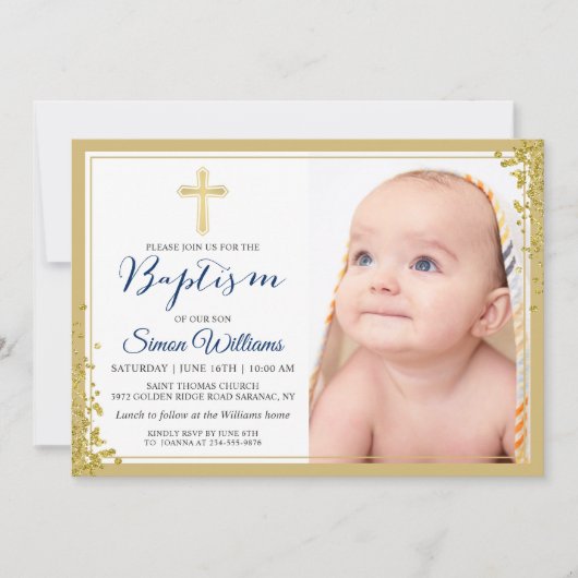 Gold Glitter Navy Blue Boy Baptism Foto Kaart (Voorkant)
