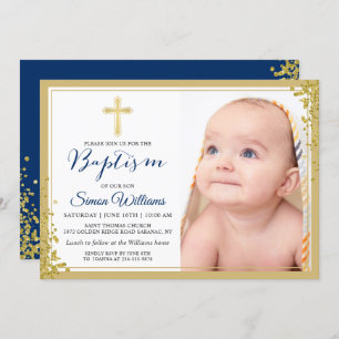 Gold Glitter Navy Blue Boy Baptism Foto Kaart