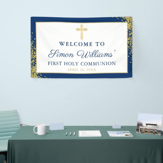 Gold Glitter Navy Blue First Heilige Commune Banne Spandoek (Beurs)