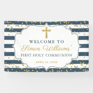 Gold Glitter Navy Blue First Heilige Commune Banne Spandoek