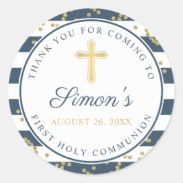 Gold Glitter Navy Blue First Heilige Communie Ronde Sticker