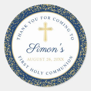 Gold Glitter Navy Blue First Heilige Communie Ronde Sticker
