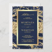 Gold Glitter Navy Blue Marble Muslim Weddenschap Kaart (Voorkant)