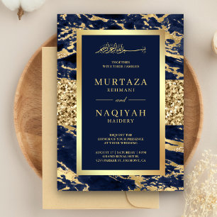 Gold Glitter Navy Blue Marble Muslim Wedding Kaart