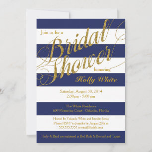 Gold Glitter & Navy Blue Stripe Shower Kaart