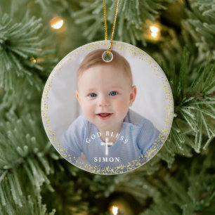 Gold Glitter Navy Blue Wreath Baptism Foto Keramisch Ornament
