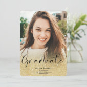 Gold glitter ombre script 4 foto's afstuderen aankondiging (Staand voorkant)