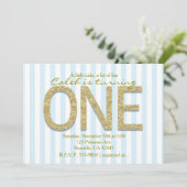 GOLD GLITTER ONE Blue Stripe 1st Party Uitnodiging (Staand voorkant)