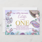 Gold Glitter One Mermaid 1e verjaardag Uitnodiging (Voorkant)
