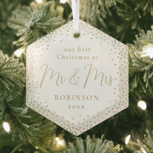 Gold Glitter Ons eerste kerstfeest Mr & Mrs Script Glas Ornament