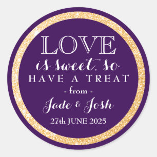Gold Glitter op Plum Paarse Wedding Favoriet Ronde Sticker