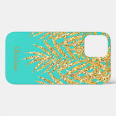 Gold Glitter Palm Frond Name Personalize Turquoise Case-Mate iPhone Case (Achterkant (horizontaal))