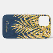 Gold Glitter Palm Fronds Name Personalized Navy Case-Mate iPhone Case (Achterkant (horizontaal))