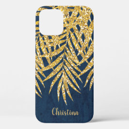 Gold Glitter Palm Fronds Name Personalized Navy iPhone 12 Hoesje