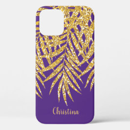 Gold Glitter Palm Fronds Name Personated Paars iPhone 12 Hoesje