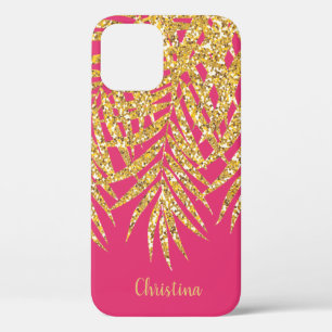 Gold Glitter Palm Fronts Name Persoonlijke roze iPhone 12 Hoesje