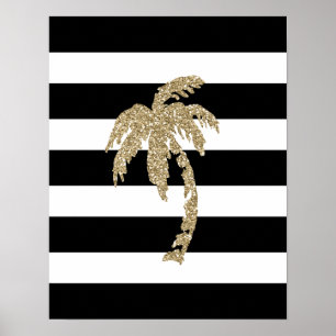Gold Glitter Palm Tree (zwart/wit streep) Poster