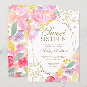 Gold glitter pastel floral waterverf Sweet 16 Kaart