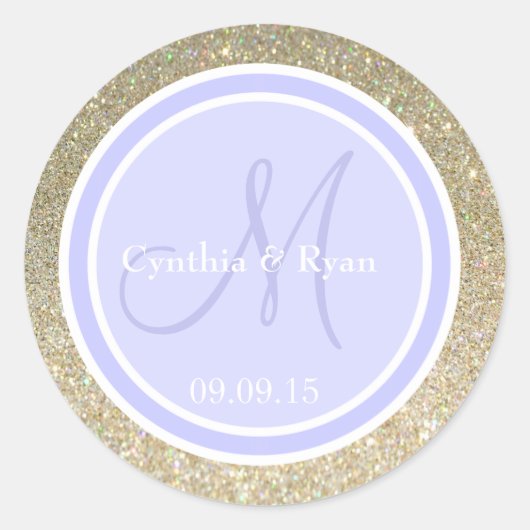 Gold Glitter & Periwinkle Weddenemonogram Ronde Sticker (Voorkant)