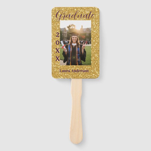 Gold glitter photo graduation add name class text handwaaier (Voorkant)