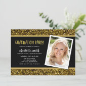Gold Glitter Photo Graduparty Invitation Kaart (Staand voorkant)