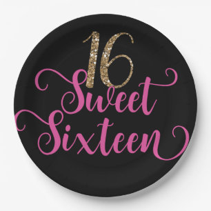 Gold Glitter Pink Black Sweet 16 Birthday Party Papieren Bordje
