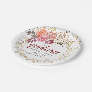Gold Glitter Pink en Marsala Floral Afstudeerder P Papieren Bordje