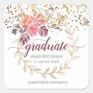 Gold Glitter Pink Floral Afstuderen partij Vierkante Sticker