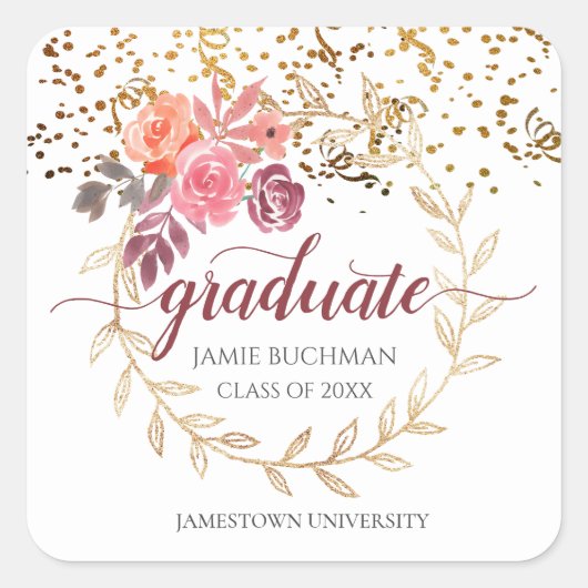 Gold Glitter Pink Floral Afstuderen partij Vierkante Sticker (Voorkant)