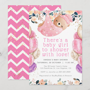 Gold Glitter Pink Floral Beer Girl Baby shower Kaart