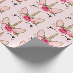 Gold Glitter & Pink Floral Unicorn Birthday Party Cadeaupapier
