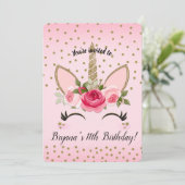 Gold Glitter & Pink Floral Unicorn Birthday Party Kaart (Staand voorkant)