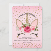 Gold Glitter & Pink Floral Unicorn Birthday Party Kaart (Achterkant)