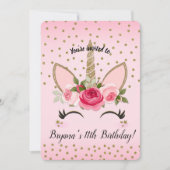 Gold Glitter & Pink Floral Unicorn Birthday Party Kaart (Voorkant)