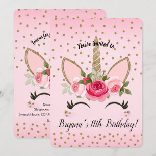 Gold Glitter & Pink Floral Unicorn Birthday Party Kaart