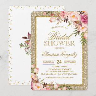 Gold Glitter Pink Floral Vrijgezellenfeest Invite Kaart