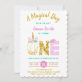 Gold Glitter Pink Unicorn 1e verjaardag Uitnodigin Kaart (Voorkant)