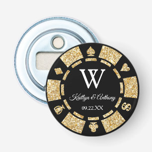 Gold Glitter Poker Chip Casino Wedding Party Favor Button Flesopener