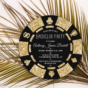 Gold Glitter Poker Chip Las Vegas Bachelor Party Kaart