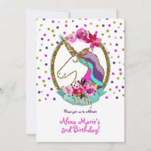 Gold Glitter Polka Dots Unicorn Birthday Party Kaart